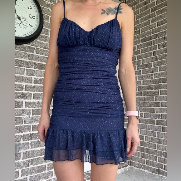 Navy Blue Ruffle Glittery Mesh Ruched Mini Dress - Picture 2 of 7
